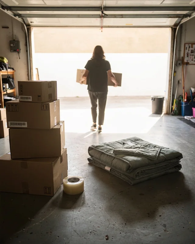 A garage interior with the founder seen from behind, unidentifiable, carrying two boxes toward the open daylight doorway, with stacked shipping boxes, tape and a folded sage-green blanket in the foreground.