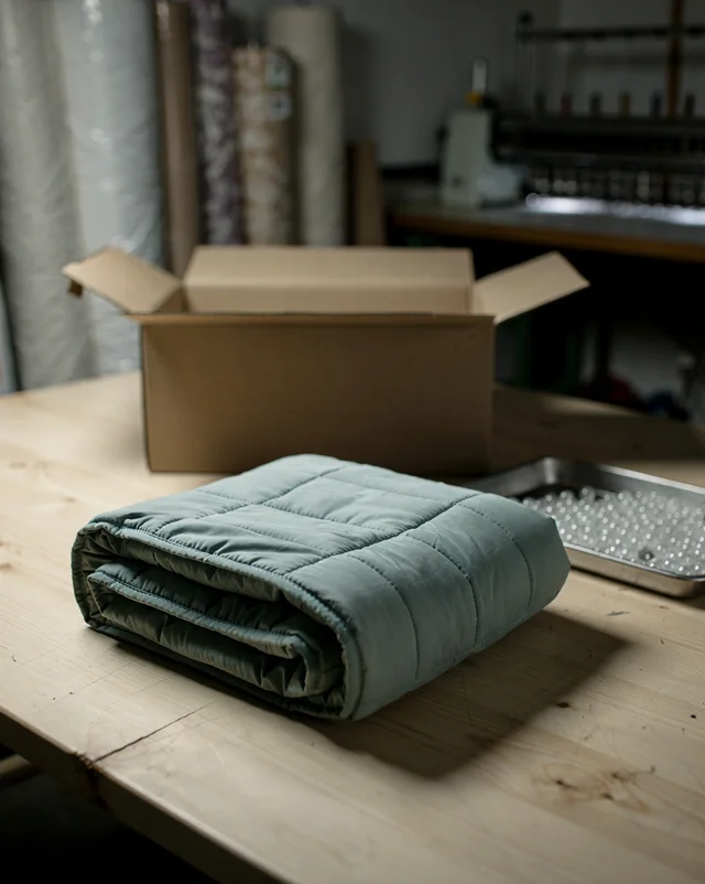 A folded sage-green quilted blanket on a wood table, shot with shallow depth of field in a dim workshop with an open shipping box and fabric rolls softly out of focus behind it.