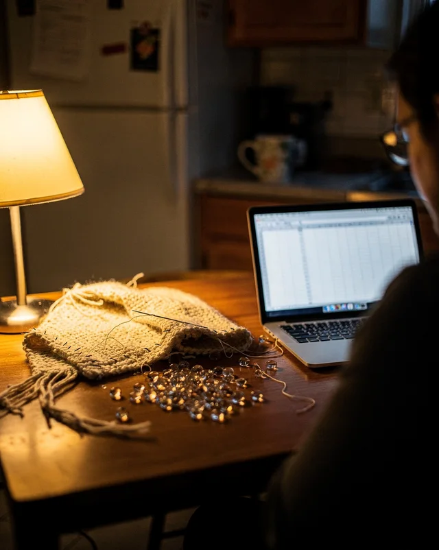 The founder, unidentifiable and seen from behind at the edge of the frame, works at a kitchen table at night beside a part-finished blanket prototype, loose glass beads, a lit lamp and a laptop showing a spreadsheet.