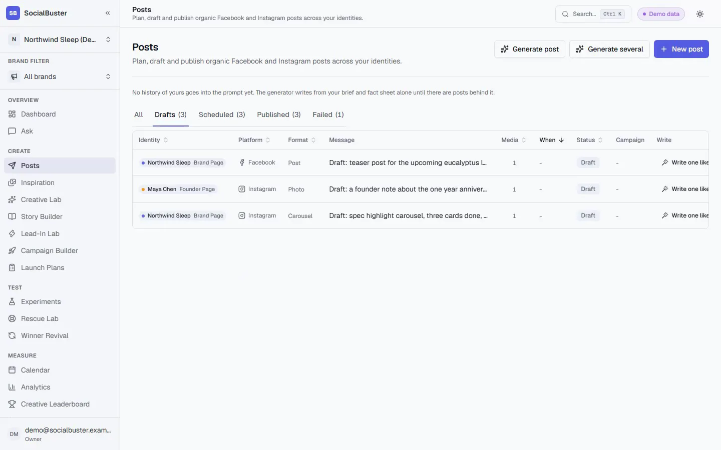 The Posts screen's Drafts tab, showing the workspace's 3 draft posts.