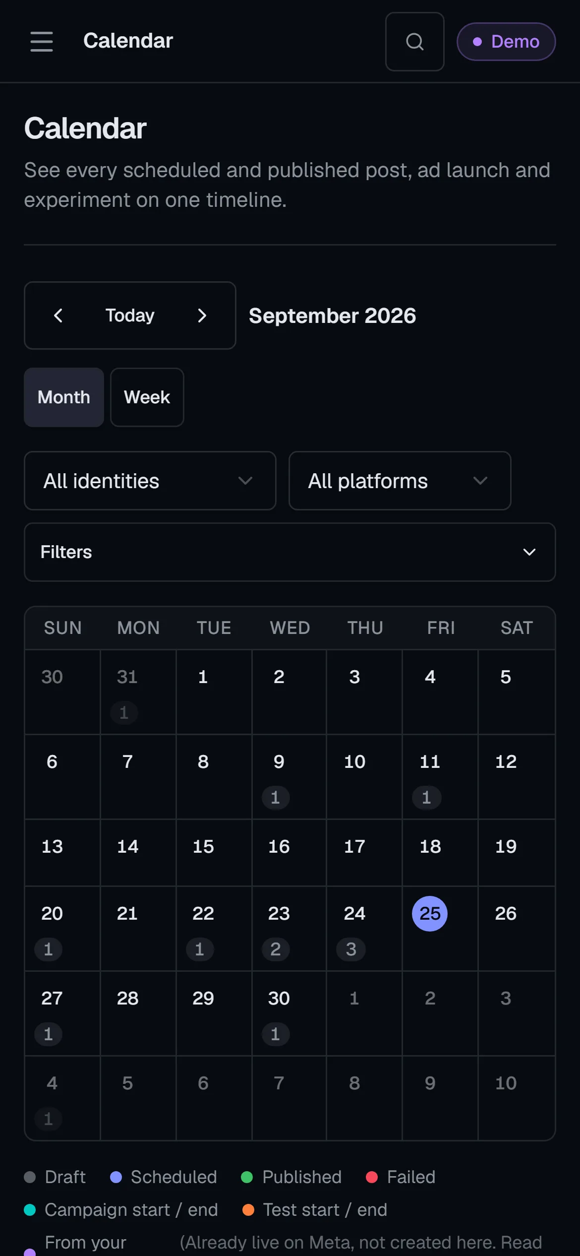 The Calendar month view on the dark plate, showing posts, campaigns and tests on one timeline.