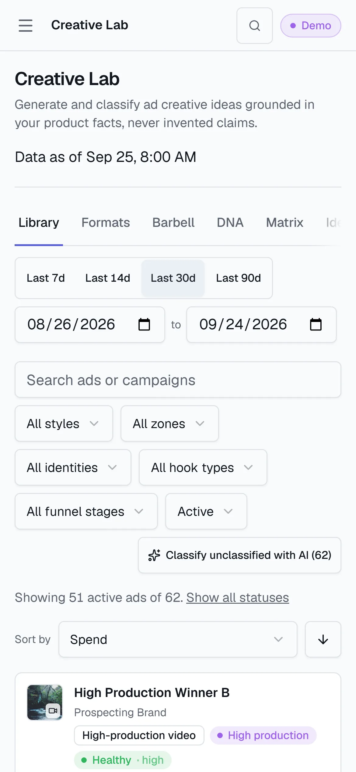 The Creative Lab Library table: ad, style, zone and identity columns for the first classified rows.