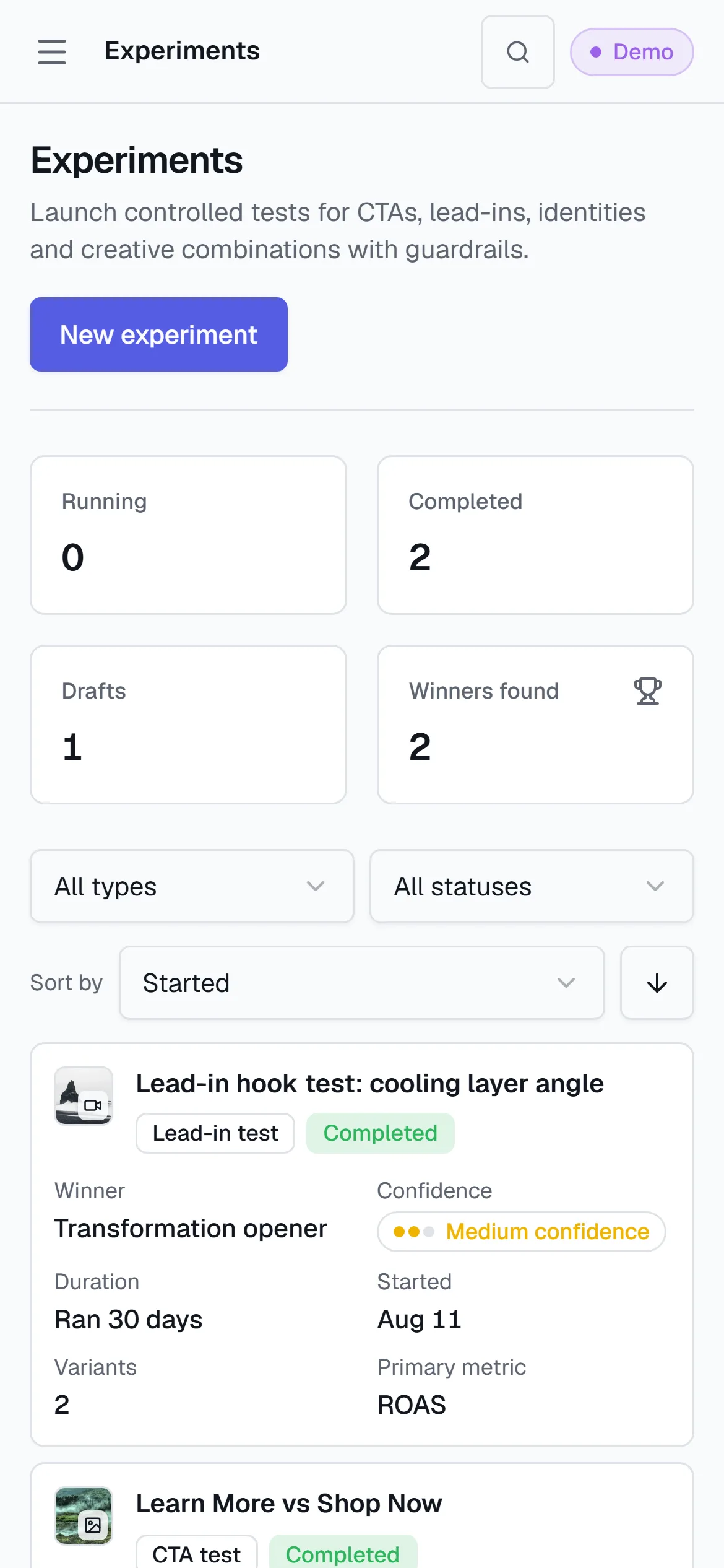 The Experiments screen on a phone: a completed lead-in test with a Transformation opener winner and a completed CTA test with a Shop Now winner, both at medium confidence.