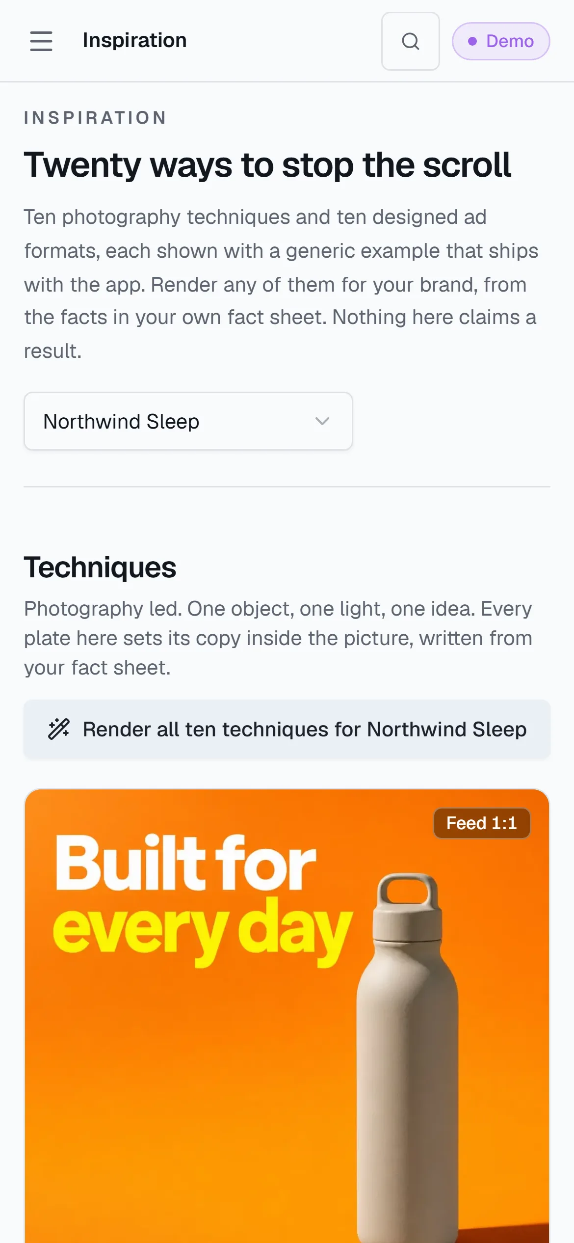 The Inspiration gallery’s first technique card, Bold color block, with its example image and one-line description.