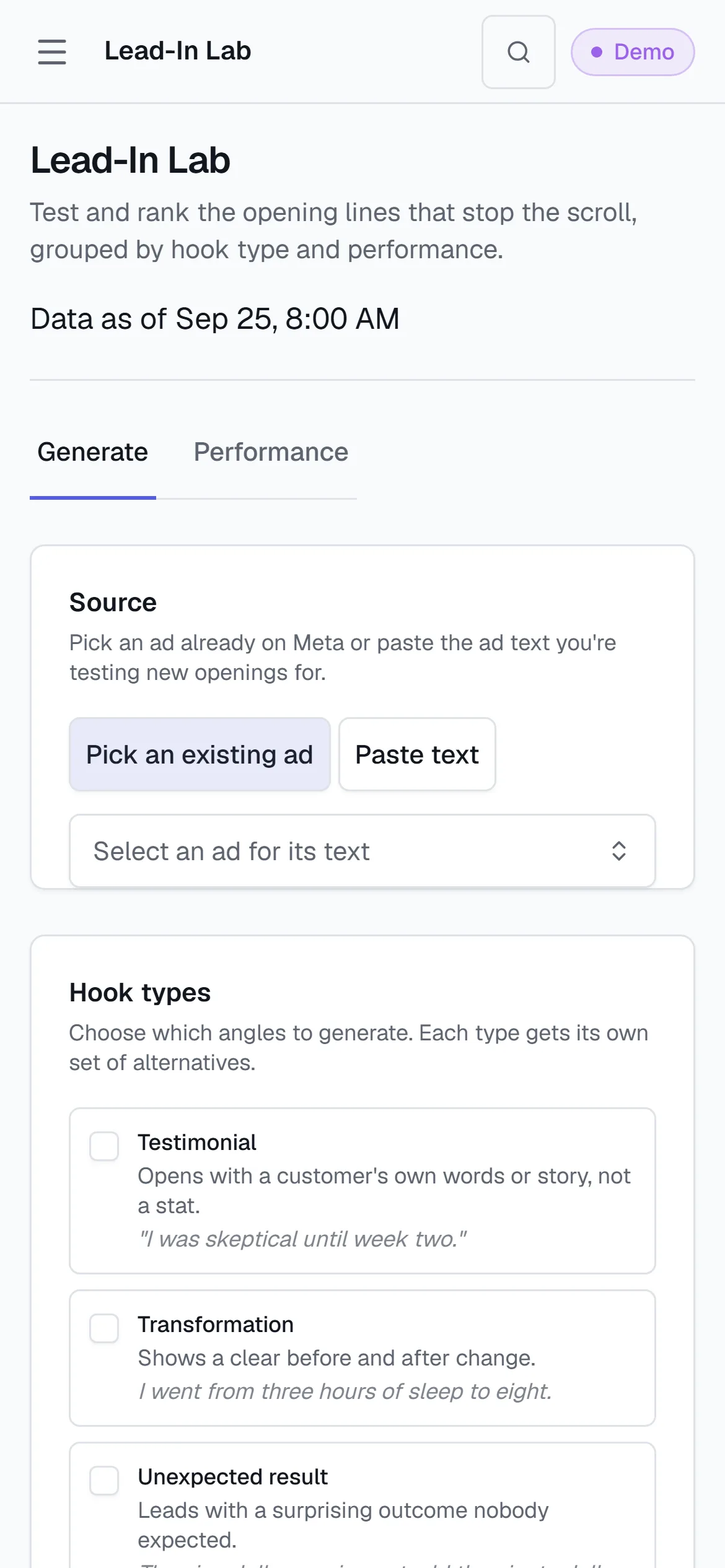 The Lead-In Lab Generate tab on a phone, with its hook-type picker.