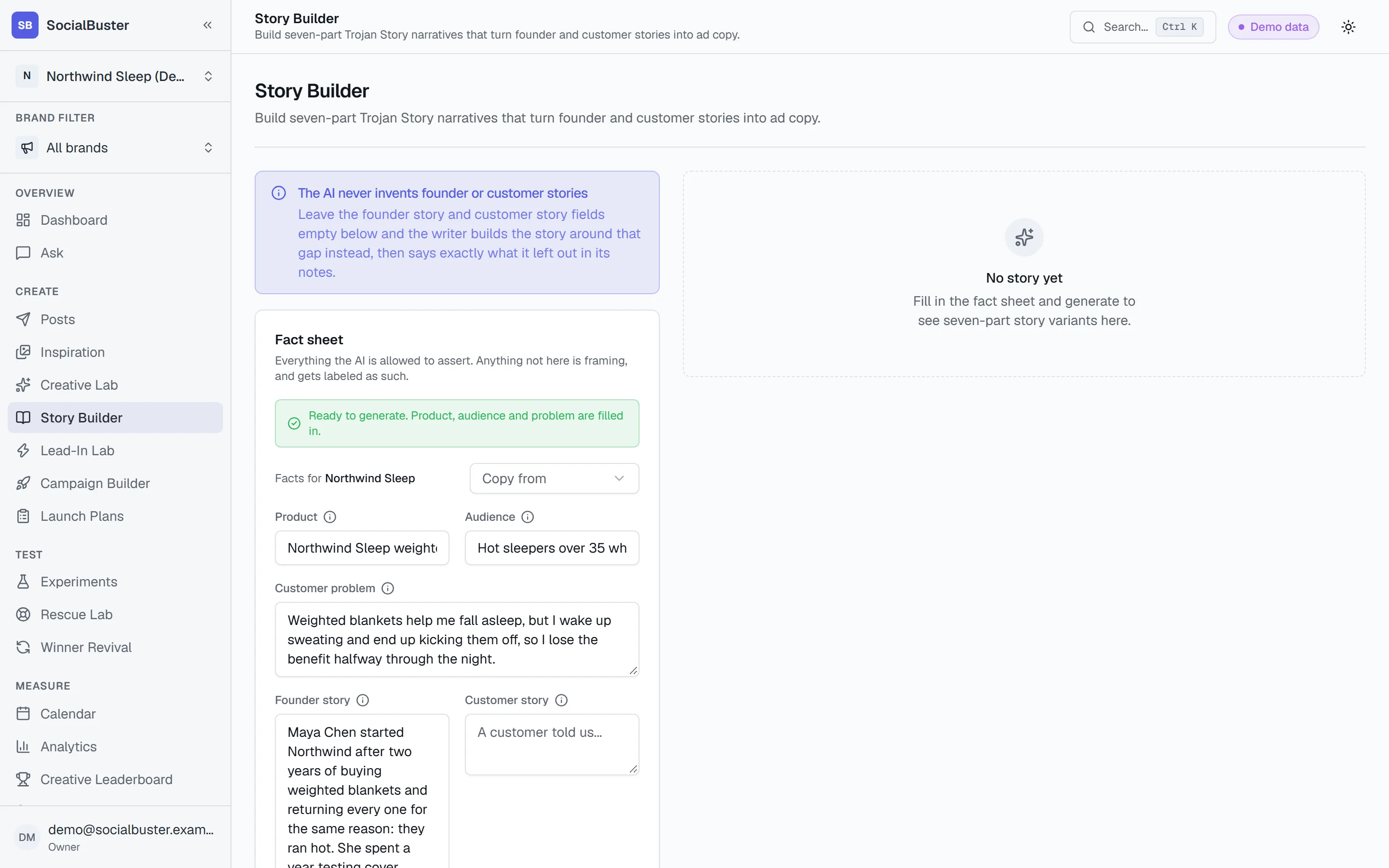 The Story Builder fact sheet: product, audience, founder story and customer story fields, the same shape every strategy either reads from or explicitly needs nothing beyond.