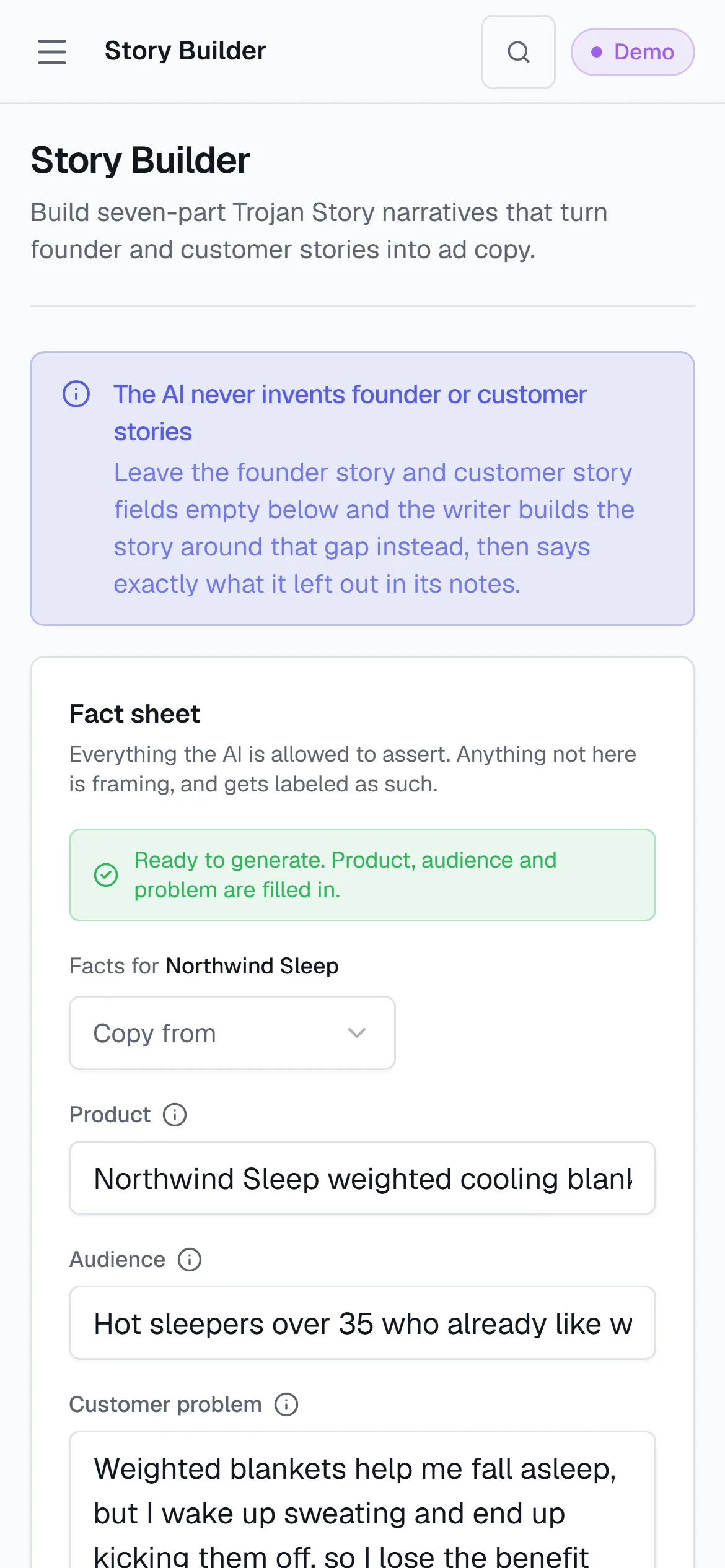 The fact sheet form Ideas generates from: product, audience and customer problem fields, filled in for the demo workspace.